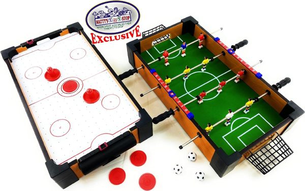 Mattys Toy Stop Deluxe Wooden 16 Mini Table Top Air Hockey (Extra Pucks)  Foosball (Soccer) (Extra Balls) Games Gift Set Bundle - 2 Pack