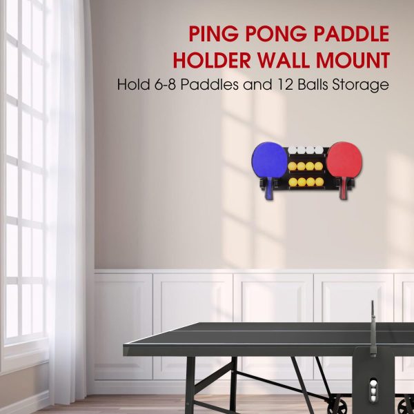 Onemacc Ping Pong Paddle Holder, Ping Pong Paddle Storage Rack Wall Mounted Holds 6 or 8 Paddles and 12 Balls, Table Tennis Racket Display Organizer for Game Room,Home, Black