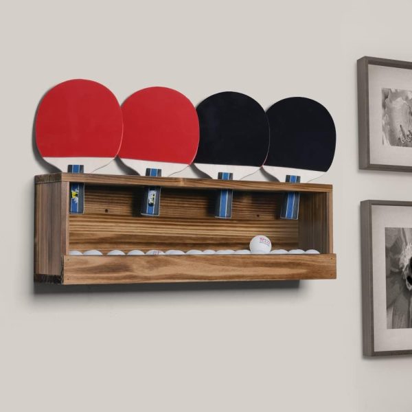 Ping Pong Paddle Storage Rack Table Tennis Racket Display Wall Mounted Holder for 4 Paddles and Balls Storage in Bar Room, Game Room, Office Break Room, Garage, Bedroom, Home, Rustic Burnt