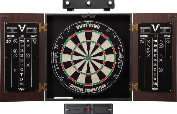 Viper Stadium Cabinet Shot King Sisal/Bristle Dartboard Ready-to-Play Bundle with Two Sets of Steel-Tip Darts, Throw Line, and Dry Erase Scoreboards, Walnut Finish