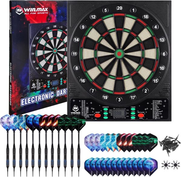 WIN.MAX Electronic Dart Board, LED Display Automatic Scoring Dartboard Sets for Adults with 12 Darts 100 Soft Tips, Dart Board Electronic Scoreboard, Power Adapter