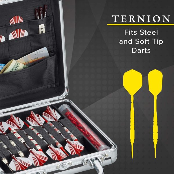 Casemaster Ternion Aluminum Dart Carrying Case Holds 9 Darts, Steel Tip or Soft Tip with Flight Saving Space for Every Dart, 8 Pockets for Accessories with A Mega Pocket for Larger Items