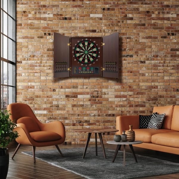 Dart Board, Decorative Dart Board Cabinet Set [12*Soft Tip Darts], Electronic Dart Board, Wooden Cabinet Doors with Integrated Scoreboard for Family Game Rooms, [Apricot], [Coffee], [Black]