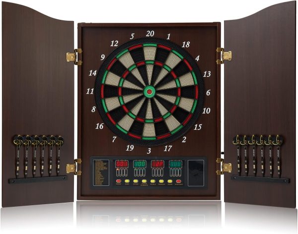 Dart Board, Decorative Dart Board Cabinet Set [12*Soft Tip Darts], Electronic Dart Board, Wooden Cabinet Doors with Integrated Scoreboard for Family Game Rooms, [Apricot], [Coffee], [Black]