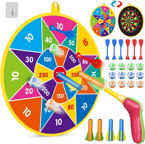 Double Sided Dart Board, Indoor Outdoor Party Sports Games Toys for 3 4 5 6 7 8 9 10 11 12 Year Old Boys Girls Kids Adults Gifts, Dartboard with 12 Sticky Balls 6 Sticky Darts 4 Dart Bullets