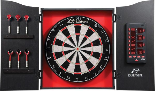 EastPoint Sports Tournament Bristle Dartboard and Easy Hang Cabinet with Electronic Scoreboard and 6 Steel Tip Darts