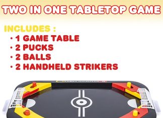 gamie 2 in 1 sports tabletop game for kids soccer and hockey table game for indoor fun includes pucks balls and strikers 3