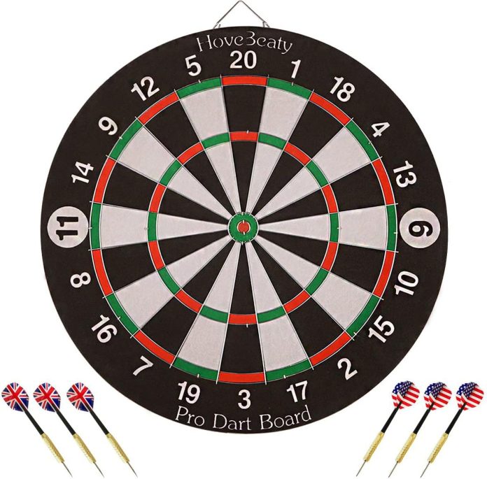 hovebeaty dart board dart game set with 6 metal darts and double sided flocking dartboard 18 inches 2