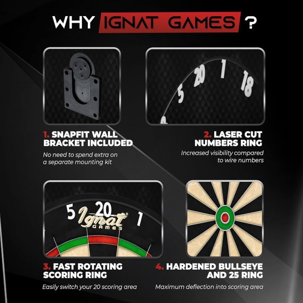 IgnatGames Dart Board Professional- Competition Size Kenyan Sisal Dart Board for Adults - Staple-Free Ultra-Thin Wire Spider Dartboard + Accessories  SnapFit Dartboard Mounting Bracket