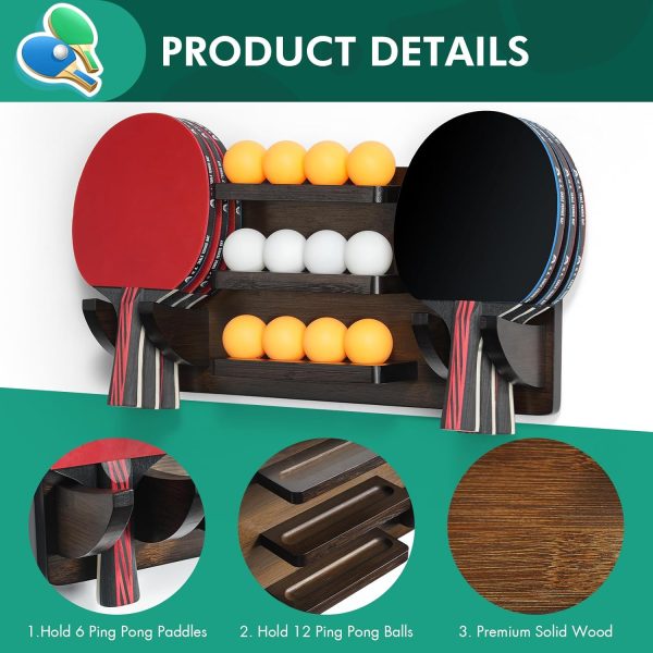 ikkle Ping Pong Paddle Holder Wall Mounted Table Tennis Racket Display for 6 Paddles and 12 Balls Storage, Ping Pong Accessories Organizer in Game Room, Man Cave, Bar Room, Garage, Office, Home