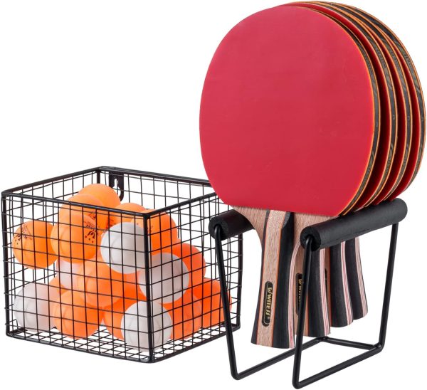 MyGift Wall Mounted Black Metal Table Tennis Racket Holder and Ball Storage, Hanging Equipment Organizer with Paddle Rack and Basket for Ping Pong Balls