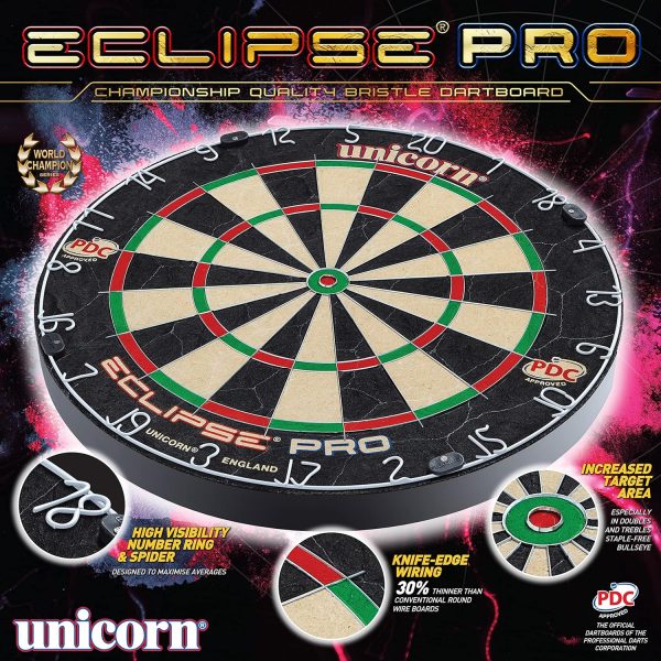 Unicorn Eclipse Pro Dart Board with Ultra Slim Segmentation – 30% Thinner Than Conventional Boards – For Increased Scoring and Reduced Bounce-Outs,Black