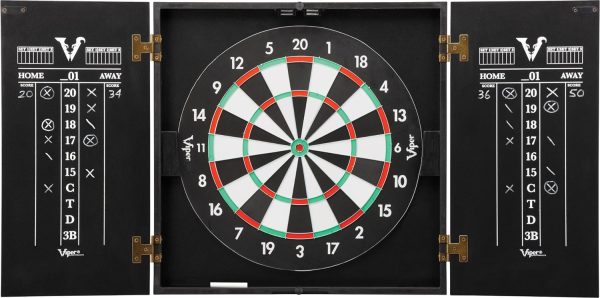 Viper Hideaway Cabinet  Steel-Tip Dartboard Ready-to-Play Bundle, Reversible Standard and Baseball Game Options with Two Sets of Steel-Tip Darts and Chalk Scoreboards, Black Matte Finish