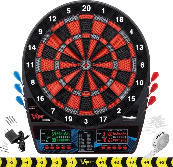 viper orion electronic dartboard two large scoreboards dual color lcd cricket displays voice scoring red black and silve