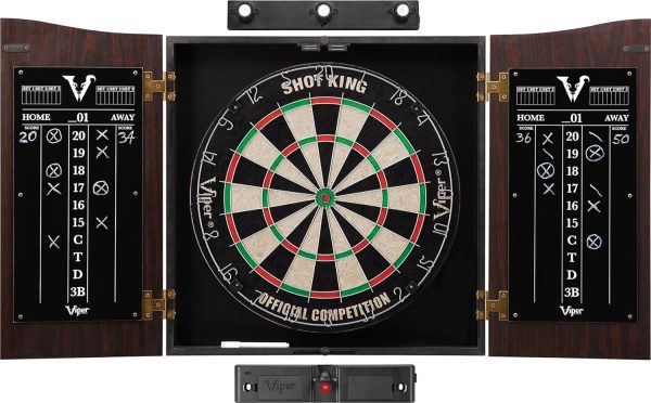 Viper Vault Cabinet Shot King Sisal/Bristle Dartboard Ready-to-Play Bundle with Two Sets of Steel-Tip Darts, Throw Line, and Dry Erase Scoreboards, Walnut Finish