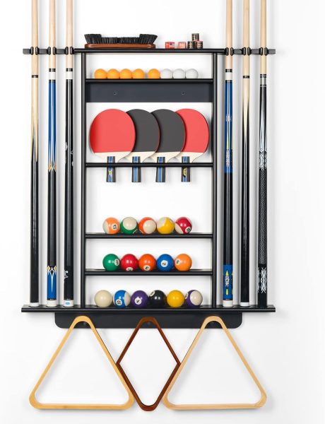 XCSOURCE Pool Stick Holder, 2-IN-1 Pool Cue Rack  Ping Pong Paddle Holder, 100% Solid Pine Wood Wall Mount Holds Billiards and Table Tennis Accessories for Man Cave, Billiard Room, Game Room,Bar Room